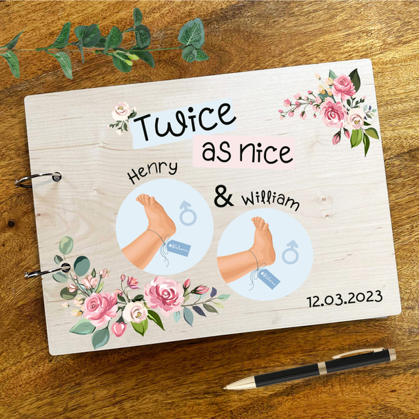 Wood Floral Twin Boys Feet Photo Album Memories New Baby Keepsake Book Wood Floral Twin Boys Feet Photo Album Memories New Baby Keepsake Book