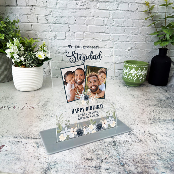 Stepdad Birthday Gift Navy White Floral Photo Personalised Acrylic Plaque