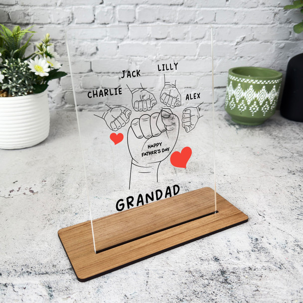 Grandfather Fathers Day Gift Fist 4 Hands Red Hearts Personalised Acrylic Plaque