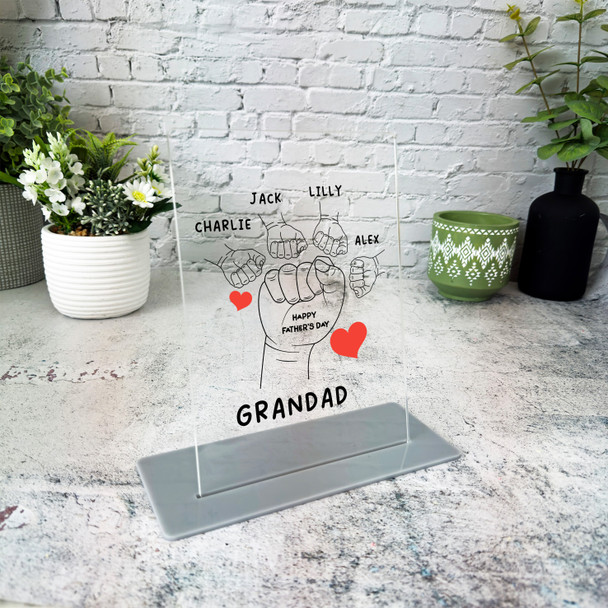 Grandfather Fathers Day Gift Fist 4 Hands Red Hearts Personalised Acrylic Plaque