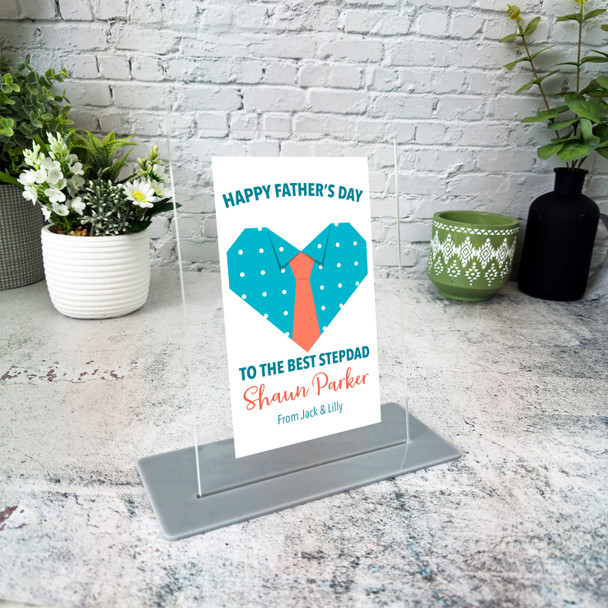 Stepdad Fathers Day Gift Heart Shape Shirt With Tie Personalised Acrylic Plaque