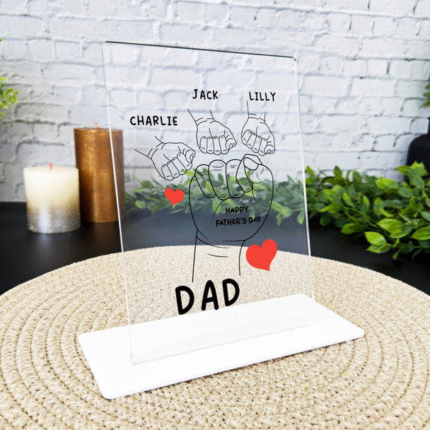 Fathers Day Gift Fist Three Small Hands Red Hearts Personalised Acrylic Plaque