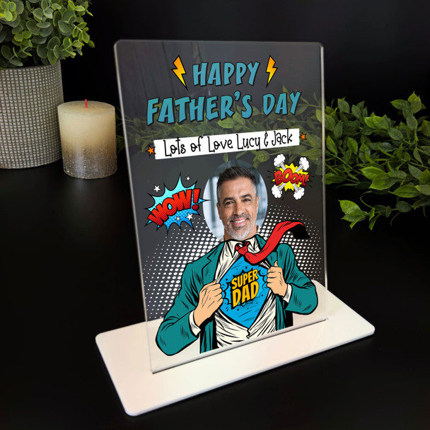 Fathers Day Gift Super Dad Comic Book Style Photo Personalised Acrylic Plaque