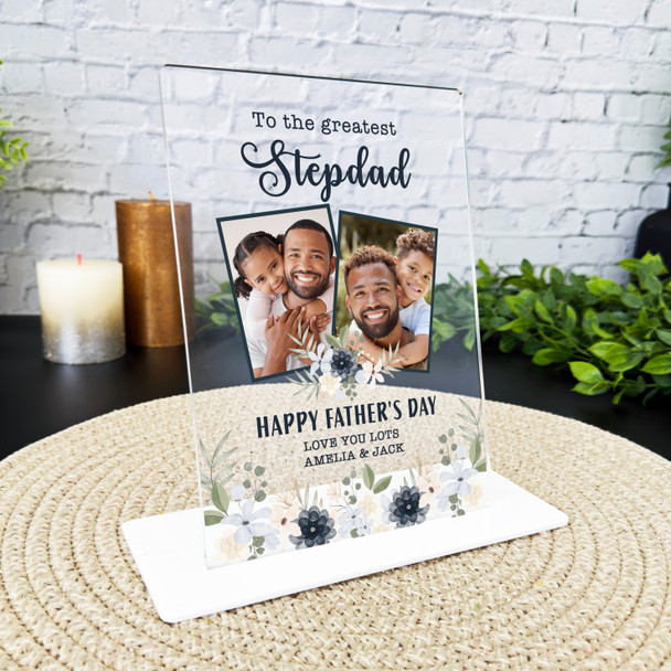 Stepdad Fathers Day Gift Navy White Floral Photo Personalised Acrylic Plaque