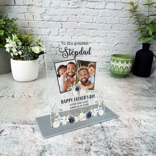 Stepdad Fathers Day Gift Navy White Floral Photo Personalised Acrylic Plaque