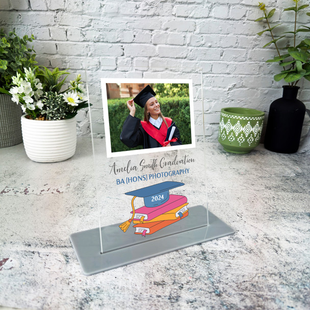 Graduation Gift Books Hat Photo Personalised Acrylic Plaque