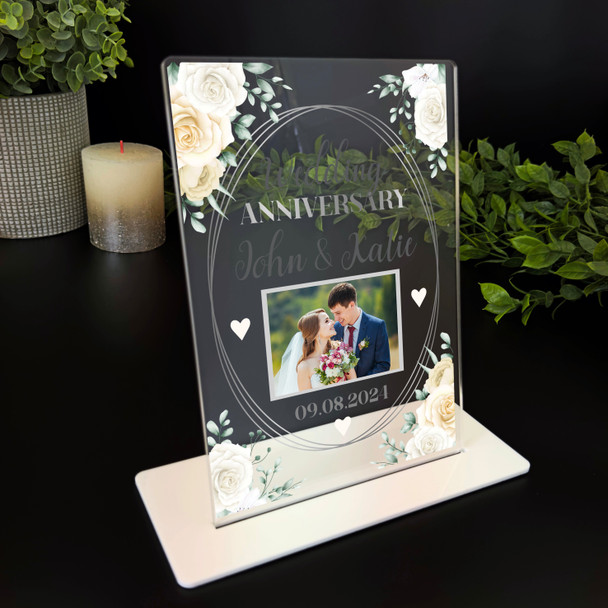 Wedding Anniversary Gift White Flower Photo Personalised Acrylic Plaque