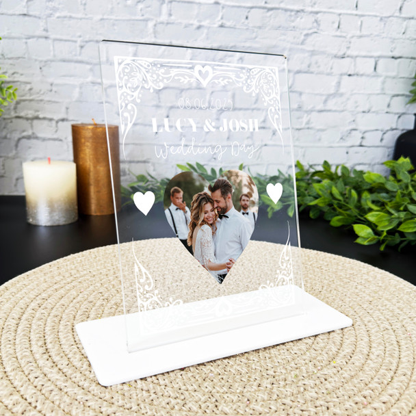 Wedding Day Gift White Frame Heart Photo Personalised Acrylic Plaque