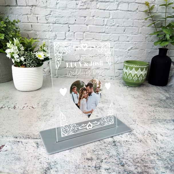 Wedding Day Gift White Frame Heart Photo Personalised Acrylic Plaque