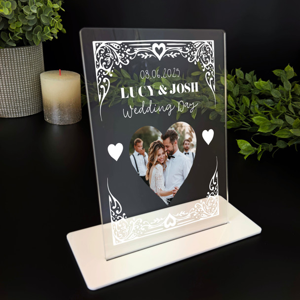 Wedding Day Gift White Frame Heart Photo Personalised Acrylic Plaque