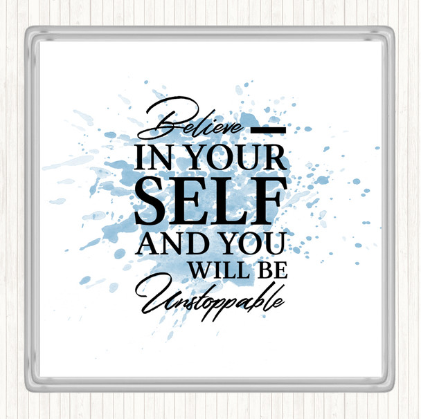 Blue White Believe In Yourself Inspirational Quote Coaster