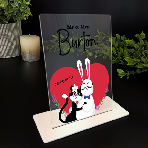Funny Cat Bunny Couple Wedding Day Gift Personalised Acrylic Plaque
