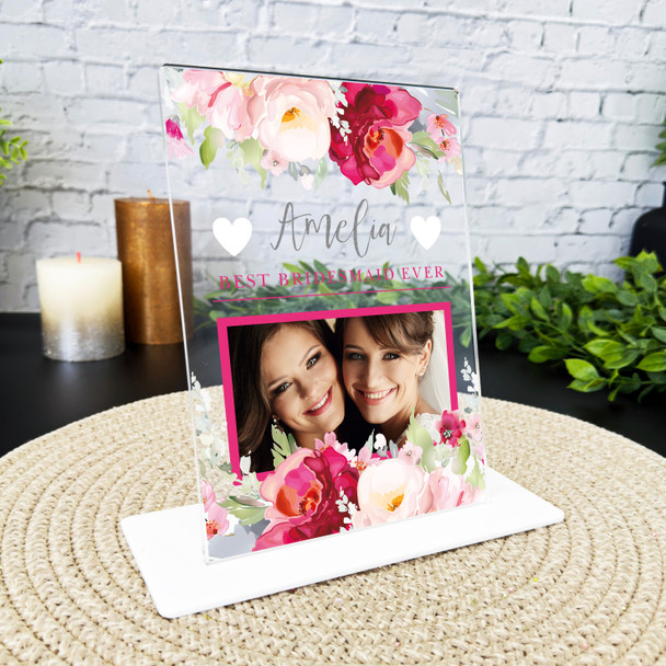 Best Bridesmaid Gift Wedding Pink Flower Photo Personalised Acrylic Plaque