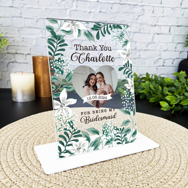 Green Floral Photo Heart Gift For Bridesmaid Personalised Acrylic Plaque