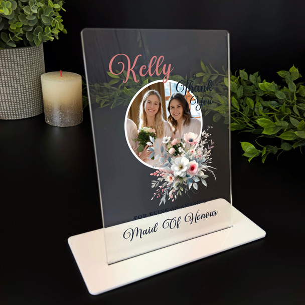 Floral Maid Of Honour Gift Round Photo Personalised Acrylic Plaque