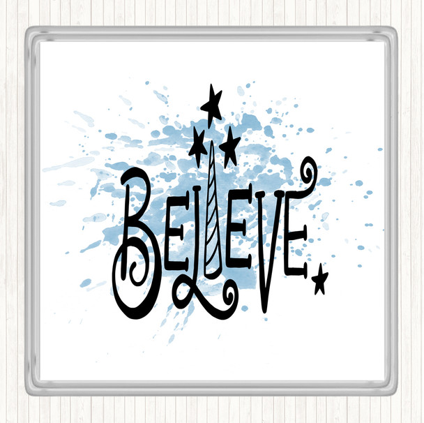 Blue White Believe Unicorn Inspirational Quote Coaster