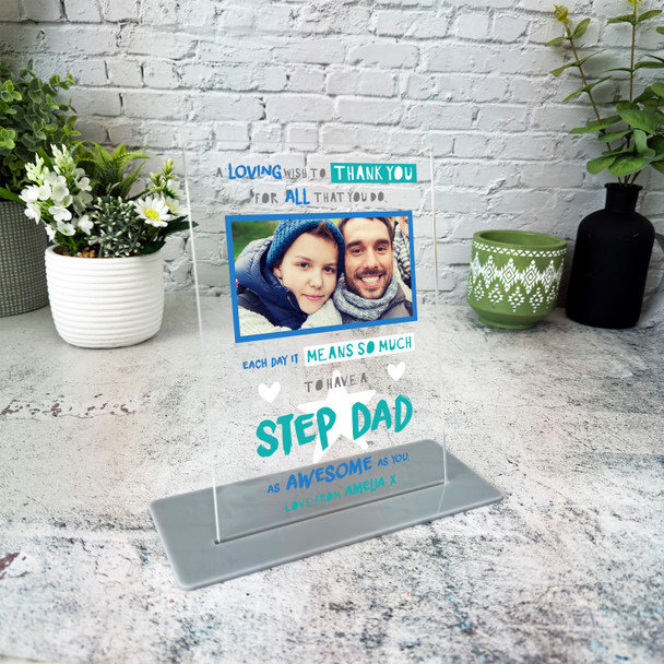 Gift For Step Dad Poem Blue Photo Personalised Acrylic Plaque