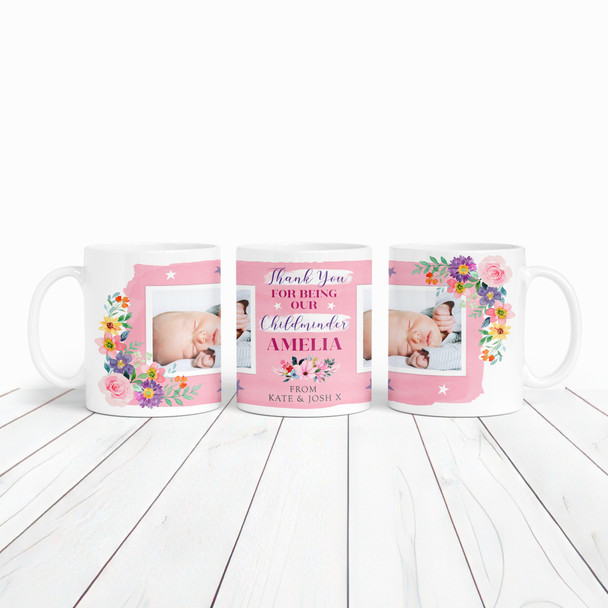 Thank You Childminder Gift Pink Flowers Photo Coffee Tea Cup Personalised Mug