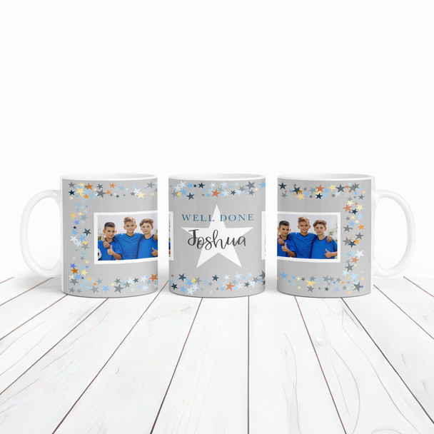 Well Done Congratulations Gift Stars Blue Photo Coffee Tea Cup Personalised Mug