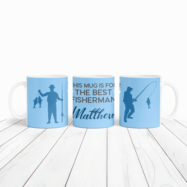 Best Fisherman Fishing Gift Blue Silhouette Coffee Tea Cup Personalised Mug