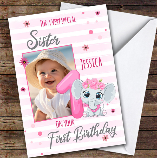 Sister 1st Pink Floral Elephant Photo Girls Custom Personalised Birthday Card