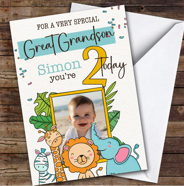 Great Grandson 2nd Safari Animals Photo Boys Custom Personalised Birthday Card