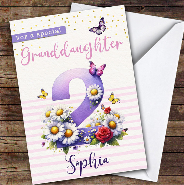 2nd Granddaughter Purple Floral Butterflies Custom Personalised Birthday Card