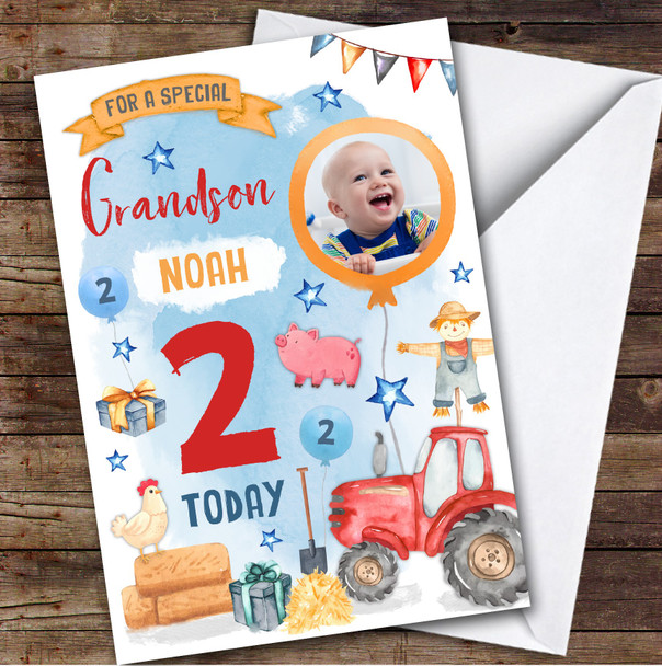 Animal Farm Tractor Photo Grandson 2nd Boys Custom Personalised Birthday Card