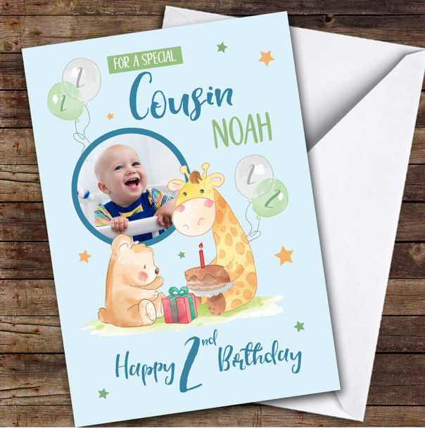 Bear Giraffe Blue Cake Photo Cousin 2nd Custom Personalised Birthday Card
