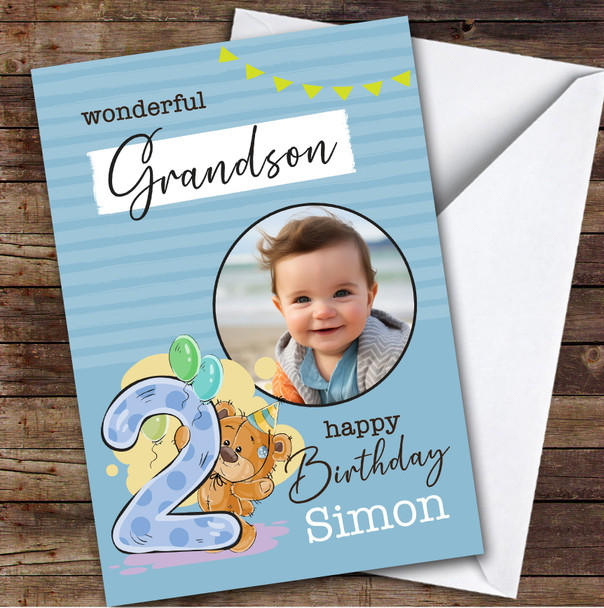 Grandson 2nd Blue Teddy Bear Photo Boys Custom Personalised Birthday Card