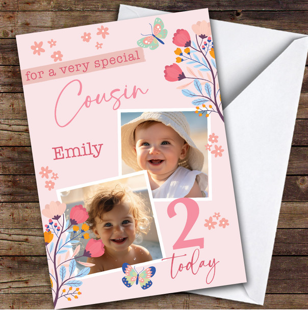 Cousin 2nd Pink Floral Photo Custom Personalised Birthday Card
