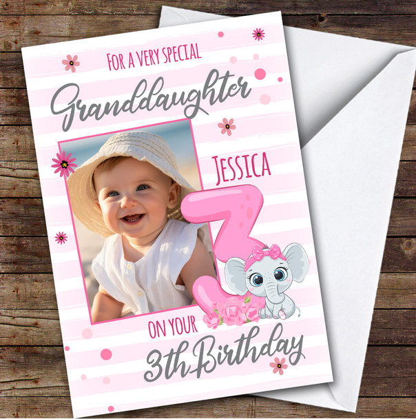 Granddaughter 3rd Pink Floral Elephant Photo Custom Personalised Birthday Card
