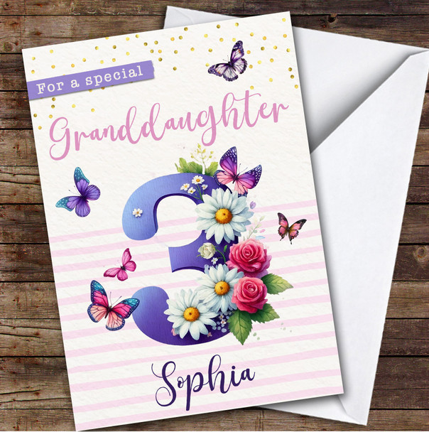 3rd Granddaughter Purple Floral Butterflies Custom Personalised Birthday Card