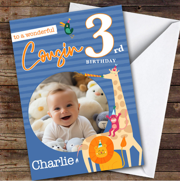 Cousin 3rd Blue Party Safari Animals Photo Custom Personalised Birthday Card
