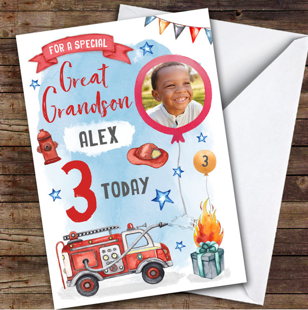 Fire Engine Digger Photo Great Grandson 3rd Boys Personalised Birthday Card
