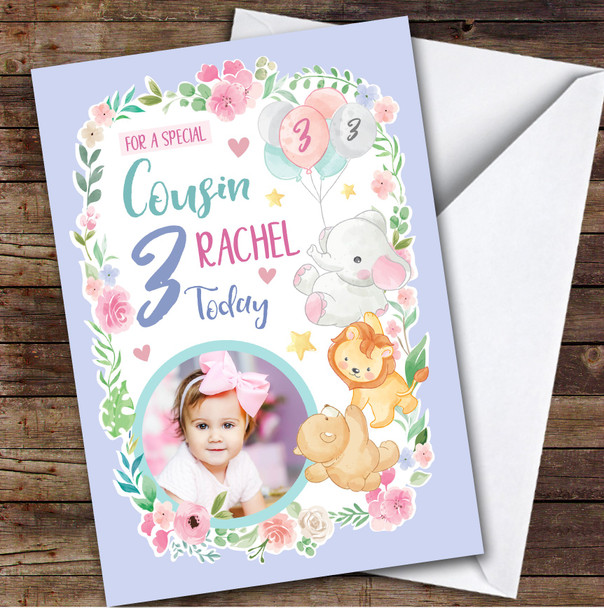 Animal Balloons Purple Photo Cousin 3rd Custom Personalised Birthday Card