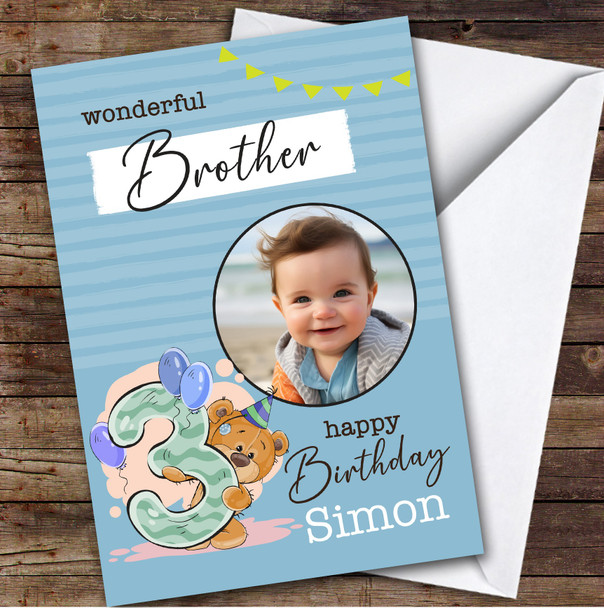 Brother 3rd Blue Teddy Bear Photo Boys Custom Personalised Birthday Card