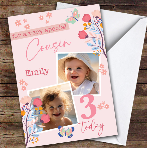Cousin 3rd Pink Floral Photo Custom Personalised Birthday Card