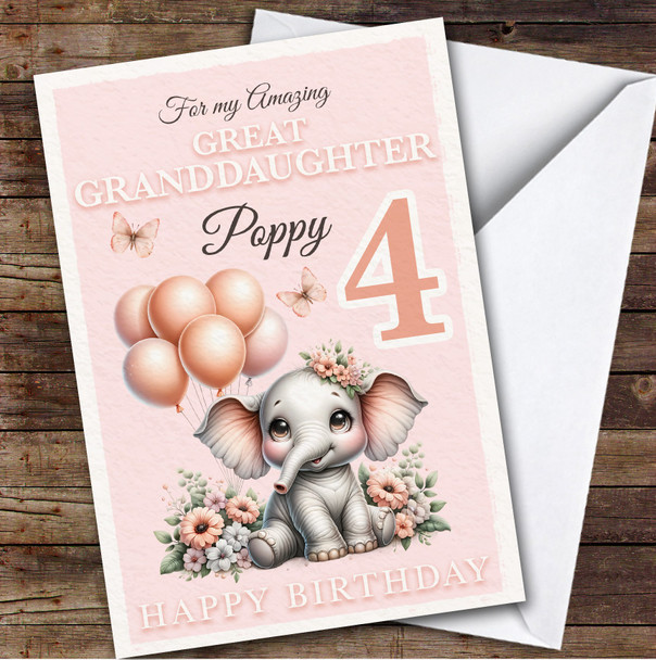 Great Granddaughter 4th Floral Baby Elephant Custom Personalised Birthday Card