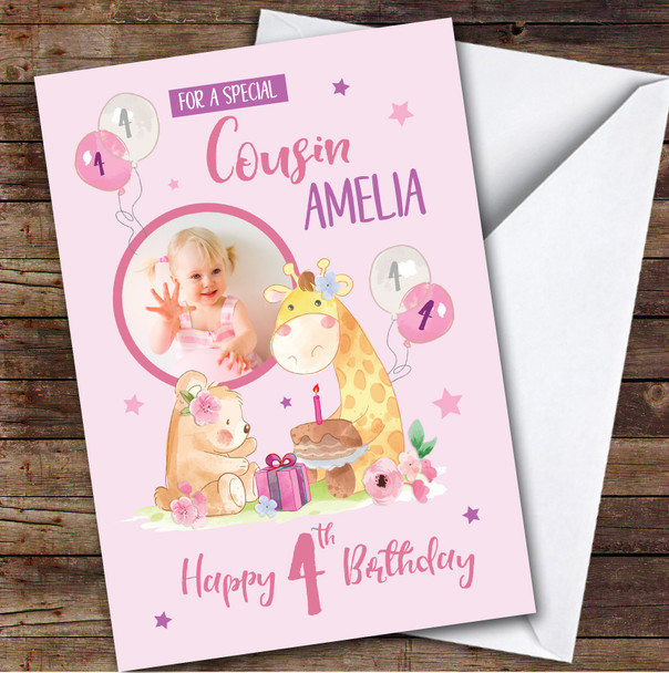Bear Giraffe Pink Cake Photo Cousin 4th Custom Personalised Birthday Card