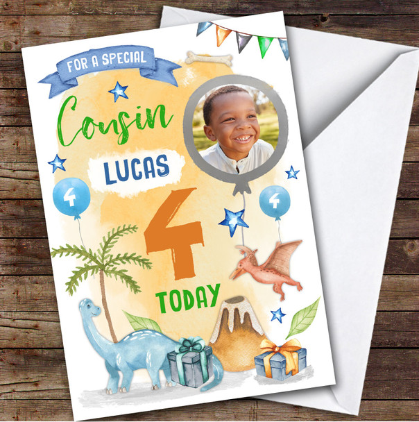 Dinosaur Gift Photo Cousin 4th Custom Personalised Birthday Card