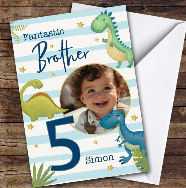 Brother 5th Watercolour Dinosaurs Photo Boys Custom Personalised Birthday Card