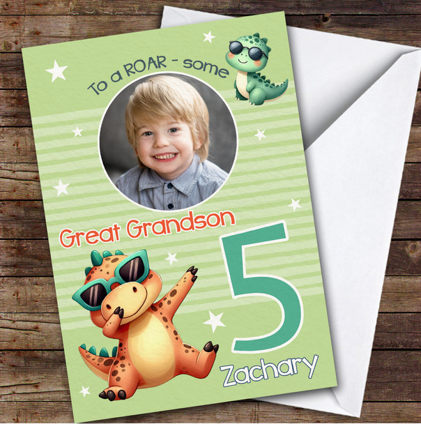 Great Grandson 5th Cool Dinosaur Photo Boys Custom Personalised Birthday Card