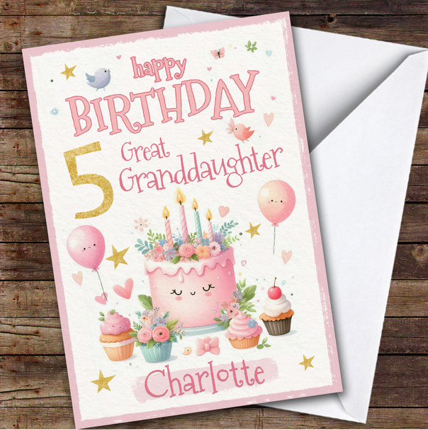 5th Great Granddaughter Pink Cake Custom Personalised Birthday Card