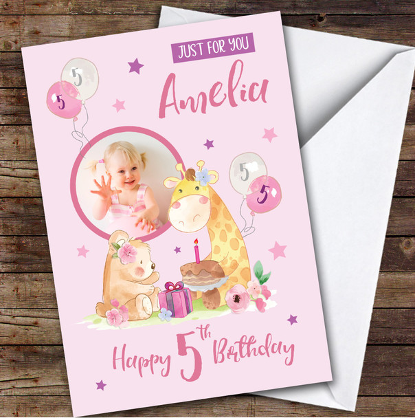 Bear Giraffe Pink Cake Photo 5th Custom Personalised Birthday Card