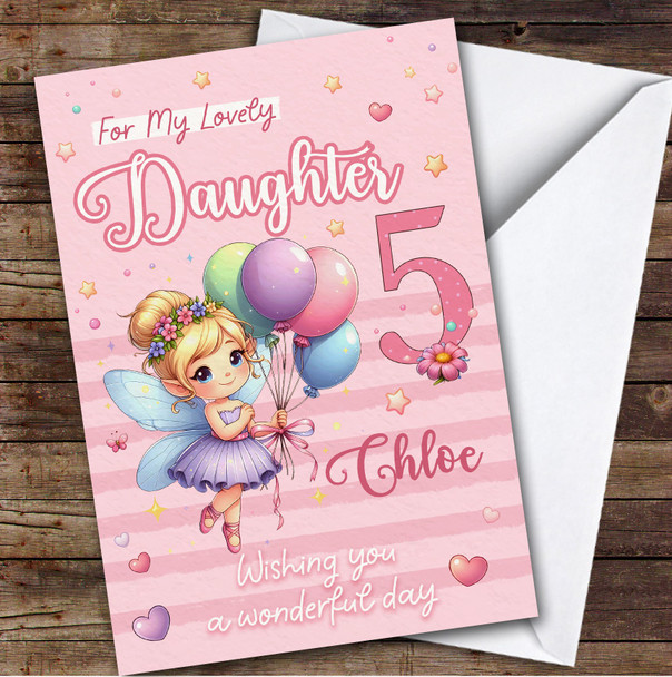 Daughter 5th Pink Floral Fairy Custom Personalised Birthday Card