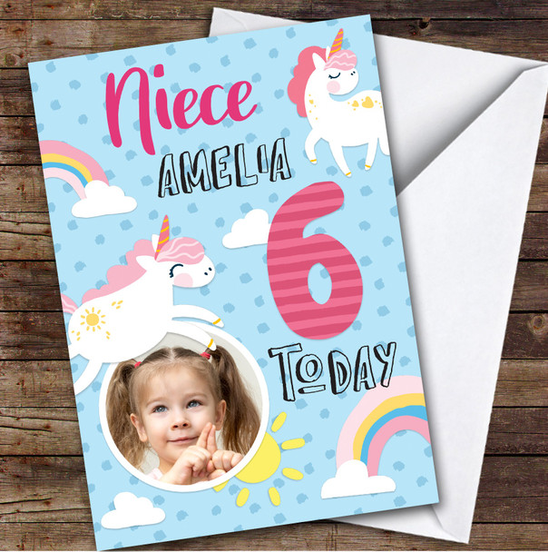 Unicorn Rainbow Photo Niece 6th Girls Custom Personalised Birthday Card