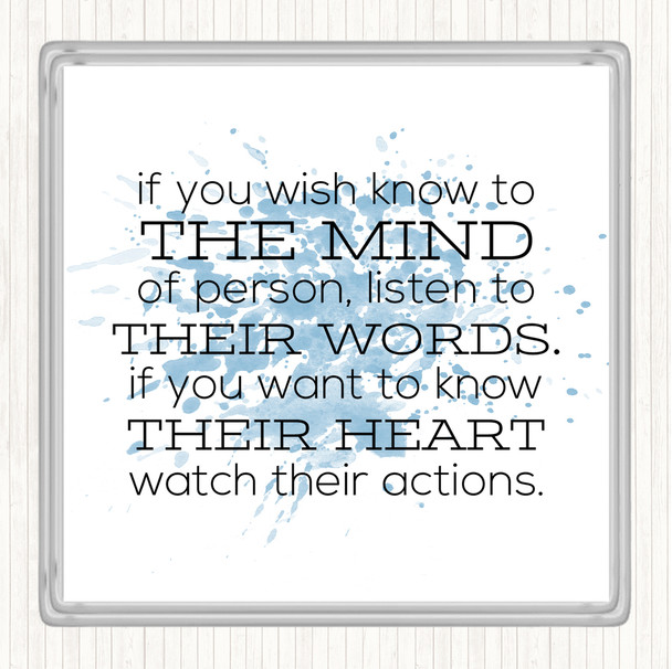 Blue White Watch Their Actions Inspirational Quote Coaster