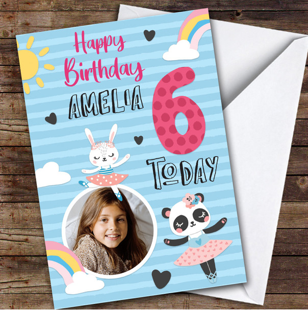 Dancing Animal Rainbow Photo 6th Custom Personalised Birthday Card