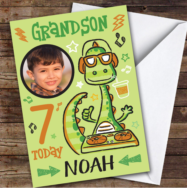 Dinosaur DJ Green Photo Grandson 7th Boys Custom Personalised Birthday Card